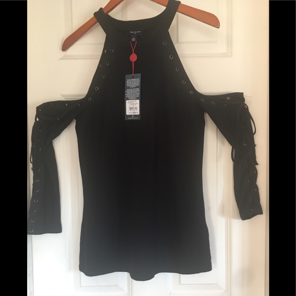 True Religion NWT black cold shoulder eyelet top